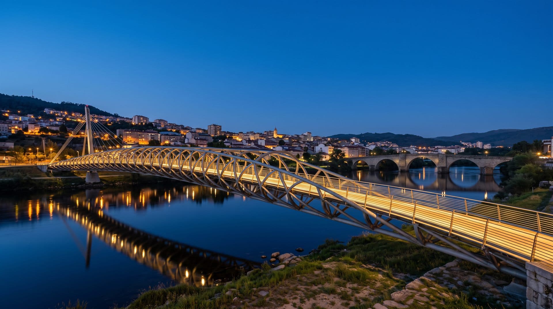 Ponte do Milenio sobre el río Miño en Ourense al anochecer